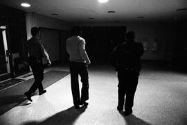 Comedian Bill Cosby walks to the stage at Halenbeck Hall, St. Cloud State