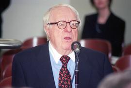 Author Ray Bradbury speaks at the grand opening of the Miller Center (2000), St. Cloud State Univ...