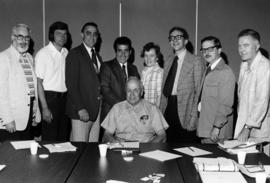 Luther Brown at his last Academic Affairs Council meeting before retirement, including members Ken Ames, Owen Hagen, Lowell Gillett, James Marmas, Louis Johnson, David Johnson, Al Lease, and Harry Menagh, St. Cloud State University