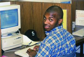 Student uses a computer, St. Cloud State University