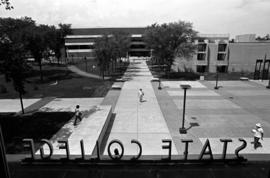 Atwood Memorial Center (1966), Centennial Hall (1971), and campus mall from above Stewart Hall (1948) main entrance, St. Cloud State University