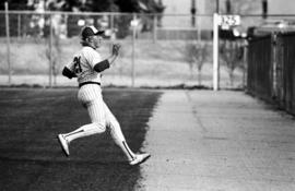 Cary Swenson chases a foul ball during a St. Cloud State University baseball game against Southwest State University