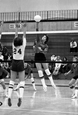 Volleyball player Sue Wahl hits a volleyball during a game against Southwest State University at Halebeck Hall (1965), St. Cloud State University