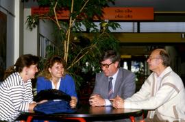 Sven Caspersen and Richard Lewis sit with two students, Aalborg, Denmark, St. Cloud State University