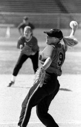 Karissa Hoehn plays in a softball game against Mankato State University, St. Cloud State University