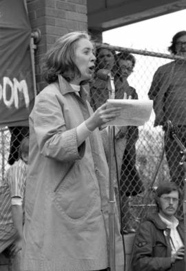 Jane Kennedy speaks, Day of Peace protest, St. Cloud State University