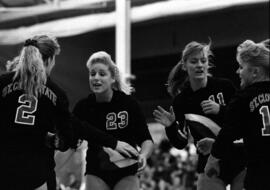 Sheri Mandell and her teammates congratulate each other during a volleyball match, St. Cloud State University