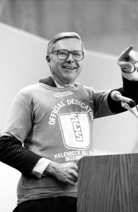 Charles Graham speaks at the dedication of the Halenbeck Hall (1965) addition, St. Cloud State University