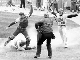 St. Cloud State baseball player Jeff Miller calls teammate Rod Schafer safe, St. Cloud State University