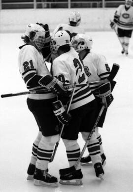 St. Cloud State hockey players celebrate a goal against Concordia College, St. Cloud State University