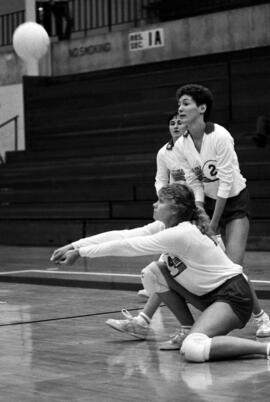 Volleyball player Becky Stream hits a volleyball during a match, St. Cloud State University