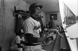 John King watches from the dugout during a St. Cloud State University baseball game against Northern State University