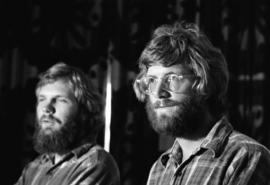 Rolf Hagberg and Dennis Caneff at a news conference to discuss their trip down the Mississippi River, St. Cloud State University