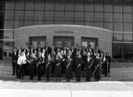 Concert band standing outside of Stewart Hall (1948), St. Cloud State University