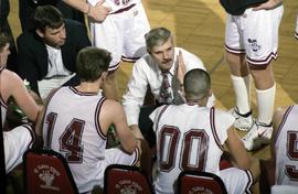 St. Cloud State University coach Kevin Schlagel instructs his team during a game against Augustana College