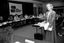 Women for Social Justice spokeswoman Heidi Howell speaks before the Student Senate regarding the sale of pornographic magazines at Atwood Memorial Center (1966), St. Cloud State University