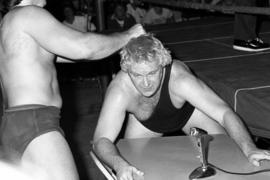 Wrestler Bobby "The Brain" Heenan takes on Steve Olsonoski during a match at Halenbeck Hall (1965), St. Cloud State University