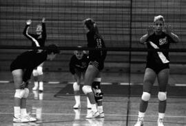 Sheri Mandell and her teammates stand on a volleyball court, St. Cloud State University