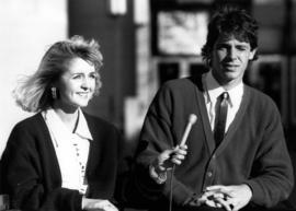 Students Jodi Huisentruit and Joe Vigil get ready to broadcast the homecoming parade on UTVS, St. Cloud State University