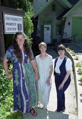 Women's Center director Jane Olsen with Lee LaDue and Pat Thielman in front of the Colbert House North, home of the Women's Center, St. Cloud State University