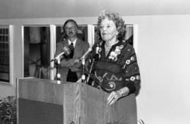 Mary Stewart Beckman, daughter of Warren Stewart, at the rededication of Stewart Hall (1948), St. Cloud State University