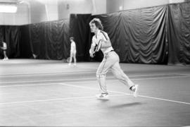 St. Cloud State tennis player Todd Holes plays in a match against University of Wisconsin-Stout