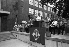 Charles Graham and others throw frisbees at the dedication of the Campus Mall (1974), St. Cloud State University