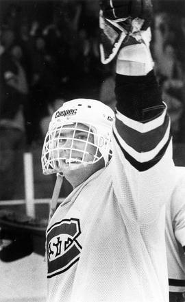 Hockey player D.J. Haller celebrates a victory over Salem College earned them a trip to the NCAA Division III Final Four, St. Cloud State University