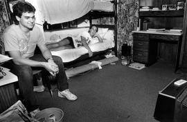 John Absey and Grant Fitch enjoy time together in their Sherburne Hall (1969) dormitory room, St. Cloud State University