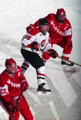 Action during a hockey game against the University of Wisconsin, St. Cloud State University