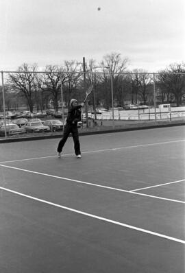 St. Cloud State tennis player Peggy Town in a match against the University of Minnesota-Duluth