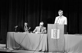 Art Grachek moderates the debate at the Charles A. Lindbergh Memorial Lecture with Julian Bond and William Rusher