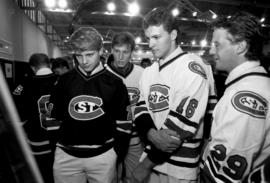 Hockey players at the National Hockey Center (1989) groundbreaking, St. Cloud State University