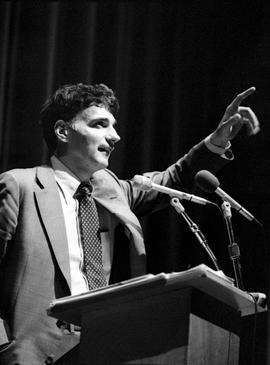 Ralph Nader speaks at Stewart Hall (1948) auditorium, St. Cloud State University