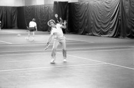 St. Cloud State tennis player Todd Holes plays in a match against University of Wisconsin-Stout