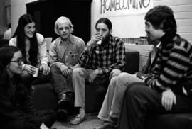 Students Ein Jacobse, Kathy McNamer, Paul Kraske, Dan Polsfuss, Cindy Sladek, and Maureen Hunt discuss their study-abroad experience in Denmark during the 1974/75 academic year, St. Cloud State University