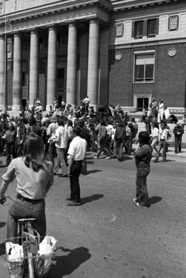 Protestors congregate in front of the courthouse, Day of Peace protest, St. Cloud State University