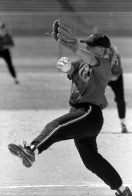 Karissa Hoehn plays in a softball game against Mankato State University, St. Cloud State University