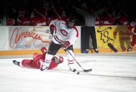 Action during a hockey game against the University of Wisconsin, St. Cloud State University