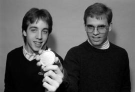 Students Steve McManus and Chris Koch with the winter festival medallion, St. Cloud State University