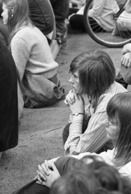 Protestors listen to a speech, Day of Peace protest, St. Cloud State University