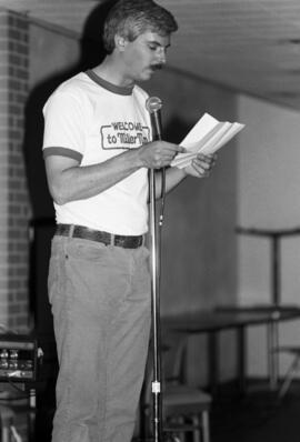 A man speaks at the KVSC trivia weekend closing ceremonies, St. Cloud State University