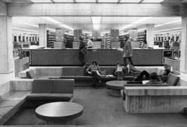 Students study at the Centennial Hall (1971) sunken lounge, St. Cloud State University