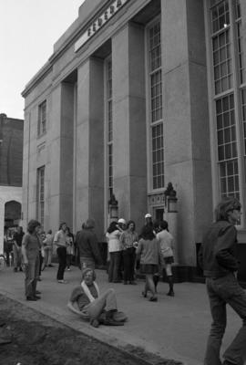 Protestors gather outside a building, Day of Peace protest, St. Cloud State University