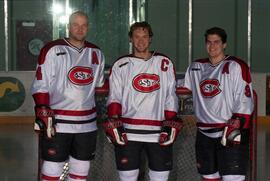 Men's hockey captains Bryce Macken, Geno Parrish, and Brandon Sampair, St. Cloud State University