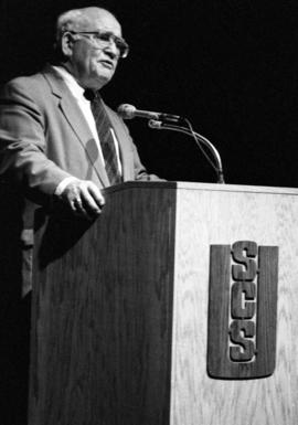 Ed Asner speaks at Stewart Hall (1948), St. Cloud State University