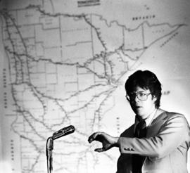 Speaker Charles Eldridge discusses train deregulation at Atwood Memorial Center (1966), St. Cloud State University