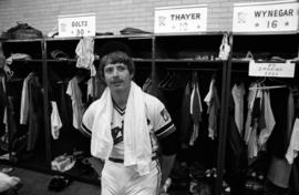 Alum Greg Thayer in the Minnesota Twins' locker room before a game