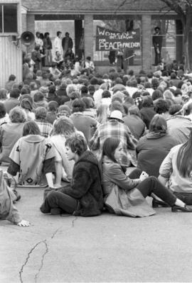 Protestors listen to a speech, Day of Peace protest, St. Cloud State University