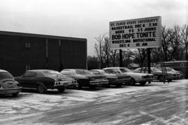 Sign outside of Halenbeck Hall (1965) advertising Bob Hope performance, St. Cloud State University